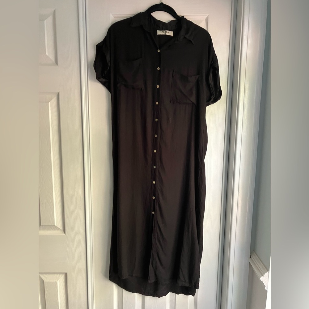 Aura Solid Black Maxi Dress Button Front Collar A… - image 1